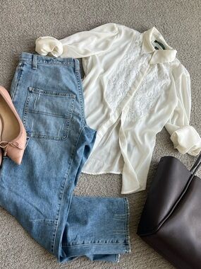 Lauren Ralph Lauren Cream Lace-Yoke Button Front Blouse